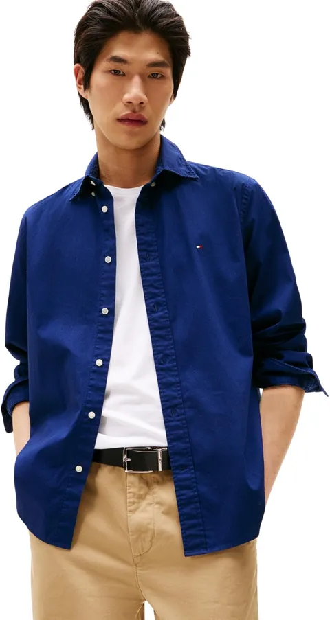 Tommy Hilfiger Uomo Camicia Flex Poplin Solid Regular Fit, Blu (Preppy Navy), XS