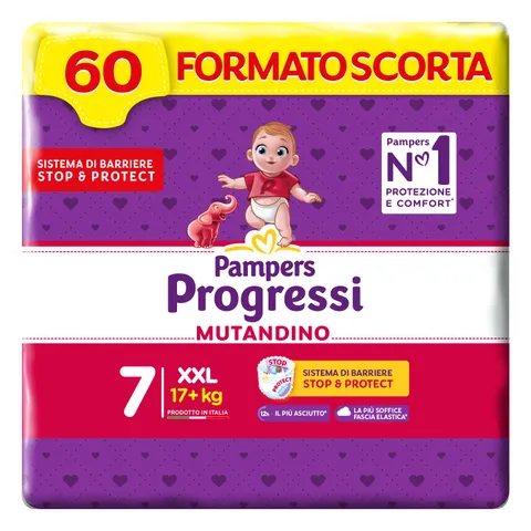 Pampers Progressi Mutandino XXL, Taglia 7 (17+ kg), Formato Scorta, Barriera Stop&Protect, Pelli Delicate, Rimozione Facile, Senza Linguette, Cambio Veloce, 60 Pannolini Bambino