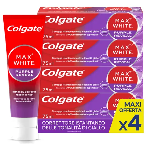 Colgate Dentifricio Sbiancante Max White Purple Reveal 4 Confezioni da 75 ml I Per Denti