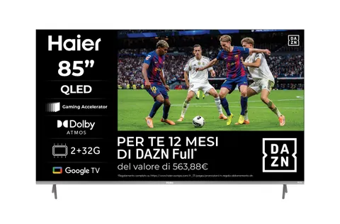 Haier QLED, 4K UHD H85Q80FUX 85'' Smart TV, Google TV, Dolby Audio, HDR 10, Telecomando