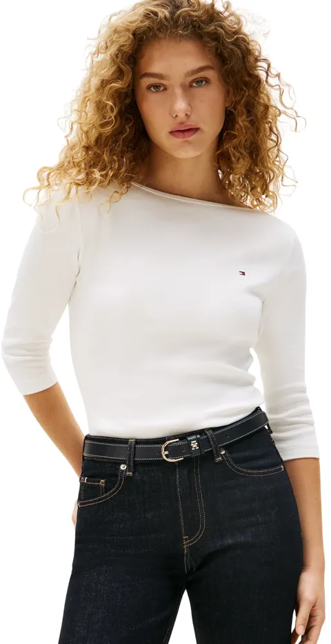 Tommy Hilfiger Donna Maglietta Maniche Lunghe New Cody Slim Scollo a Barca, Bianco (NOS Ecru), XL