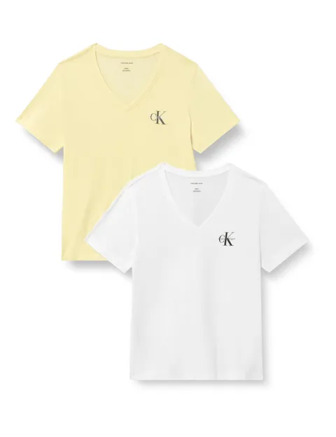 Calvin Klein Donna T-Shirt Maniche Corte Confezione da 2 Logo Tee con Scollo a V