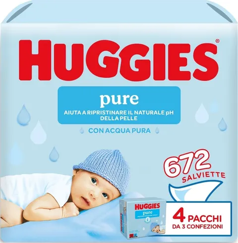 Huggies Pure, Salviette neonato, 99% acqua pura, 65% fibre assorbenti naturali, 672 Pz (12 x 56)