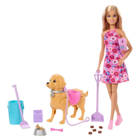 Barbie - Set Cagnolina Cammina e fa i bisogni, con bambola bionda Malibu, cucciolo e