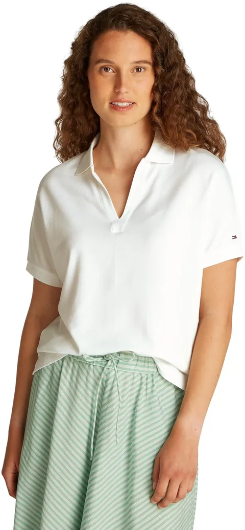 Tommy Hilfiger Donna Maglietta Polo Maniche Corte Lyocell Relaxed Senza Bottoni, Bianco