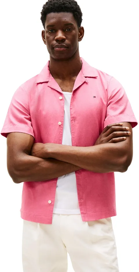 Tommy Hilfiger Uomo Camicia Linen Blend Maniche Corte, Rosa (Vintage Rosy), S