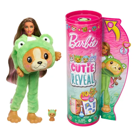 Barbie Cutie Reveal - Bambola con costume di peluche da cagnolino-rana e 10 accessori a