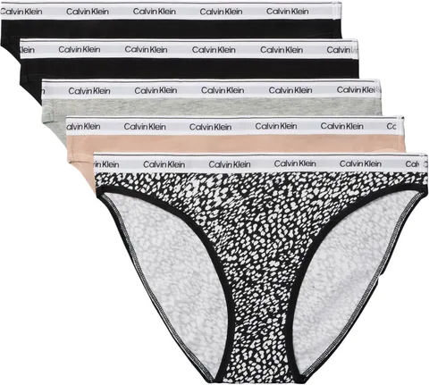Calvin Klein Slip Bikini da Donna a Vita Bassa, Confezione da 5, Nero/Nero/Cedro/Grigio