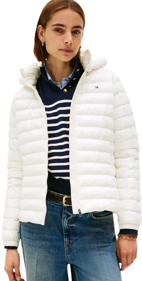 Tommy Hilfiger Donna Giacca Imbottita Padded Slim con Cappuccio, Bianco (Ivory Silk), XXL