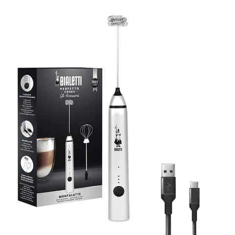 Bialetti Whipper, Regolabile su 3 Livelli, Doppia Frusta, Ricarica USB, Acciaio