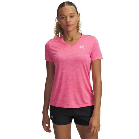 Under Armour Donna Tech Short Sleeve V-Neck Twist, Comoda Maglietta Manica Corta con Scollo a V, T-Shirt Sportiva per Palestra, Allenamento e Abbigliamento Casual,Super Pink/White,XL