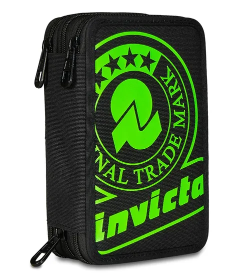 Invicta Astuccio Scuola 3 Zip, Solid Stampa Fluo, Nero e Verde, Triplo Scomparto Completo