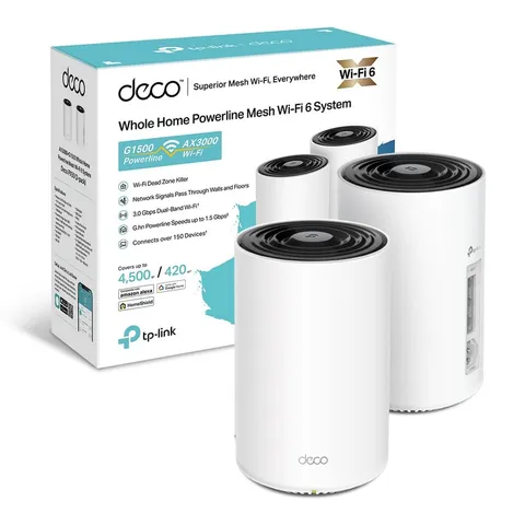 TP-Link Deco PX50(2-pack) WiFi 6 Router Mesh con Powerline, WiFi 6 AX3000Mbps, Powerline Passante G.hn 1500Mbps, 3 Porte Gigabit, Plug & Play, 2 Pezzi con Copertura fino a 420㎡, Compatibile Alexa