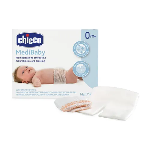 Chicco Kit Medicazione Ombelicale, Set 14 Compresse Pretagliate per Ombelico e 7 Bende a