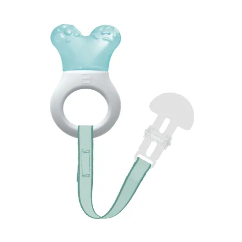 MAM Mini Cooler & Clip Dentaruolo, Massaggia gengive neonati 2+ mesi rinfrescante e lenitivo, Neonato accessori utili facili da afferrare, Con catenella portaciuccio in velcro e clip, Azzurro