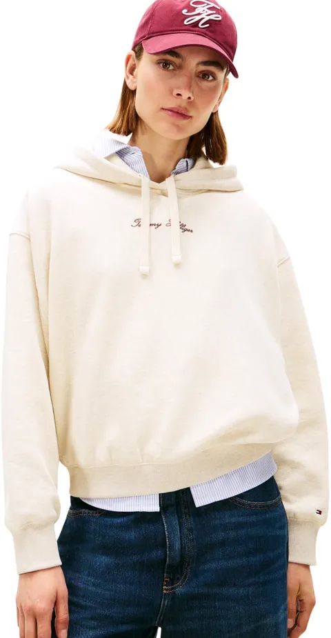 Tommy Hilfiger Donna Felpa Classic Script Fleece con Cappuccio, Avorio (Heather Oatmilk), M