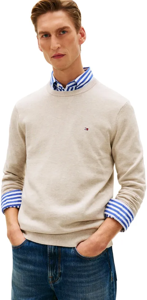 Tommy Hilfiger Uomo Pullover Essential Cotton con Scollo Rotondo, Beige (Sandalwood