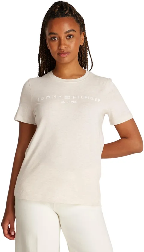 Tommy Hilfiger T-Shirt Maniche Corte Donna Scollo Rotondo, Avorio (Oatmilk Heather), XXS