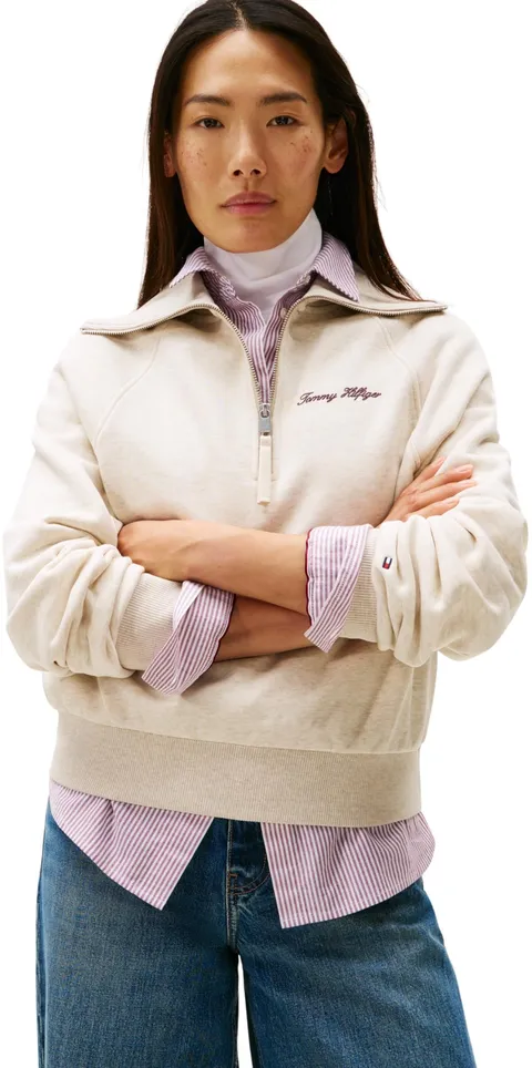 Tommy Hilfiger Donna Felpa con Cerniera Classic Script Fleece Mezza Zip, Avorio (Heather