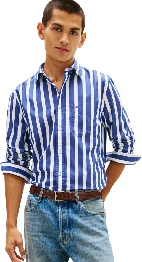Tommy Hilfiger Camicia da Uomo Flex Poplin Bold Stripe MW0MW41715 L/S, Blu, S, Blu (Bold