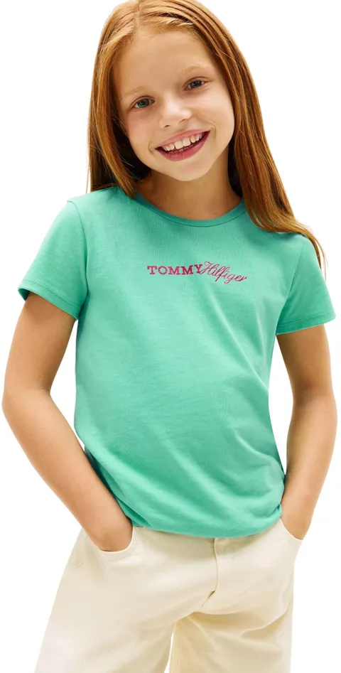 Tommy Hilfiger Tommy Script Tee SS KG0KG09123 T-Shirt, Verde (Tropical Tide), 7 Anni
