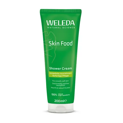 Weleda Doccia Cremosa Skin Food, deterge delicatamente la pelle e la idrata intensamente