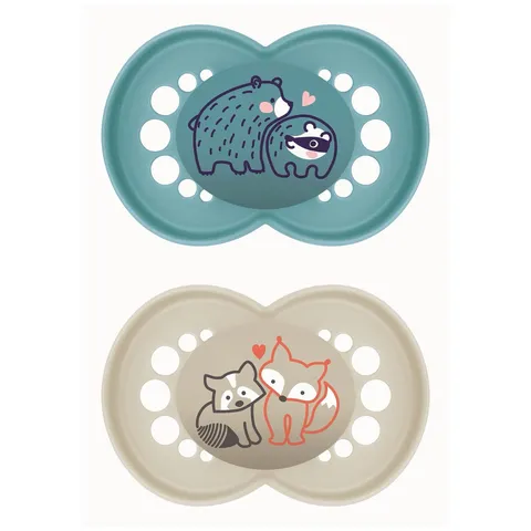 MAM Ciuccio in lattice di gomma naturale, a partire da 6 mesi, con tettarella simmetrica, piatta e flessibile, con scatola autosterilizzante, blu opaco, confezione da 2