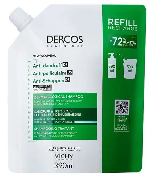 Vichy Dercos, Eco-Ricarica Shampoo Anti-Forfora DS, Per Capelli da Normali a Grassi