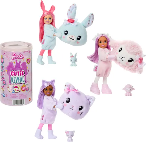 Barbie - Chelsea Cutie Reveal Care Bears Serie 2, mini bambola con costume di peluche e 6