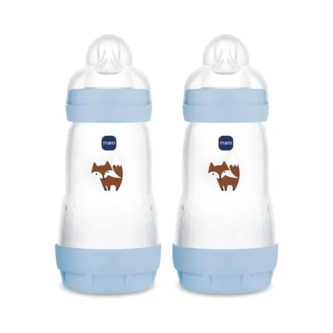 MAM Biberon Easy Start 260 ml (Set da 2), Kit da 2 biberon anticolica per allattamento misto, Riduce le bolle d'aria e il rischio di coliche, Accessori neonati 2+ mesi con tettarella misura 2, Azzurro