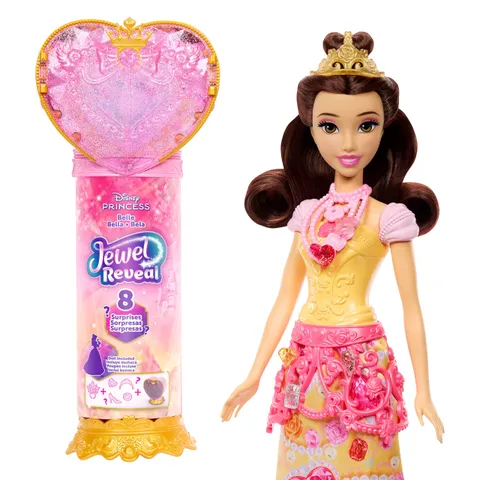 Mattel Disney Princess - Belle Jewel Reveal, bambola ispirata al film con 9 accessori a