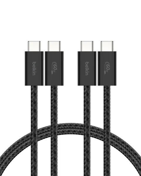 Belkin Confezione da 2 cavi intrecciati da USB-C a USB-C da 1,5 m, 60 W, cavo flessibile