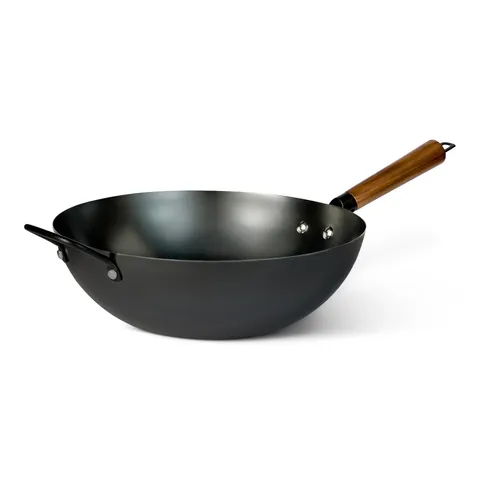 Amazon Basics Wok Pretrattato in Acciaio al Carbonio con Manico in Legno di Acacia