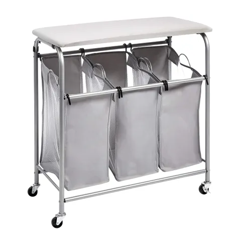 Amazon Basics Rettangolare Carrello raccogli biancheria con 3 sacchi e asse da stiro da