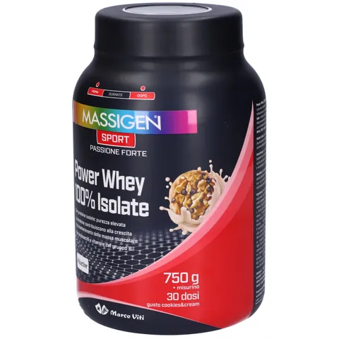 Mass Sport Power Whey 100% Isolate Cookies, 750 g, Integratore Proteico con Proteine del