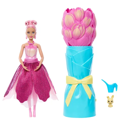 Barbie Petal Pop, bambola profumata con abito tulipano rosa e accessori, sorpresa bouquet