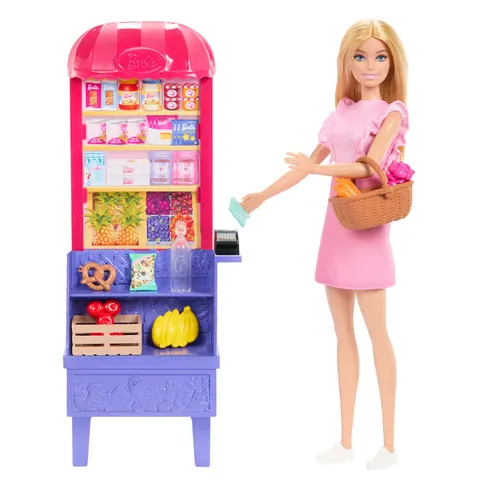 Barbie - Malibu fa la spesa, bambola bionda e bancarella del mercato con 11 accessori a