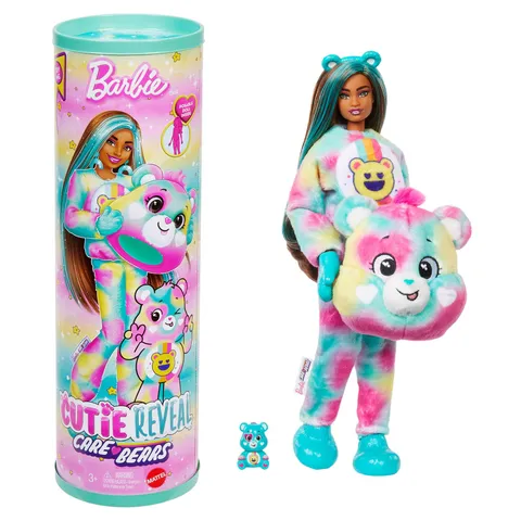 Barbie - Good Vibes Bear, bambola Cutie Reveal Care Bears Serie 2 con costume in peluche