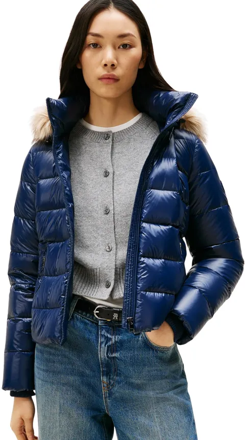 Tommy Hilfiger Donna Piumino Gloss Down Slim con Inserto in Pelliccia, Blu (Dark Night Navy), XL