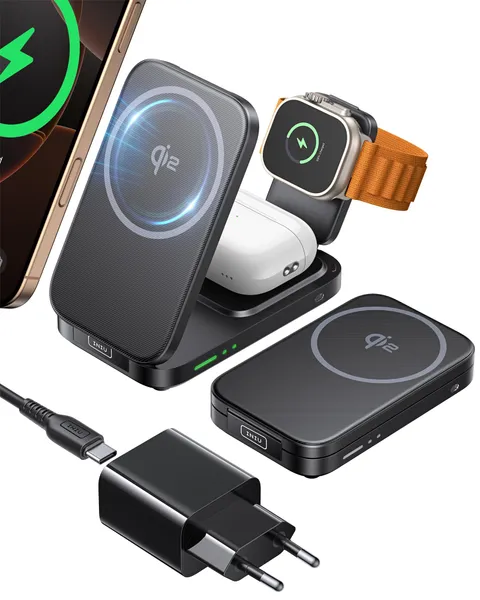 INIU Caricatore Wireless 3 in 1, 15W Certificato Qi2 Stazione di Ricarica Magnetica
