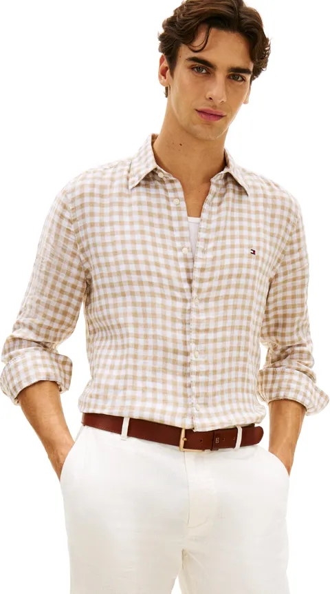 Tommy Hilfiger Uomo Camicia Linen Essential Gingham Regular Fit, Beige