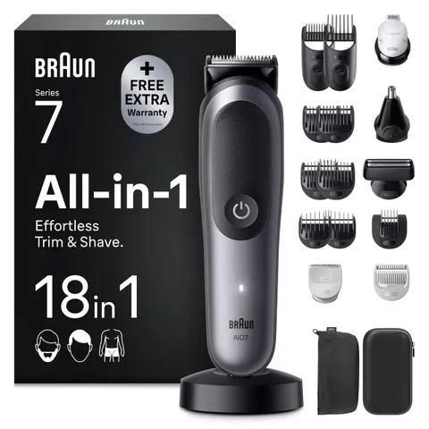 Braun Rifinitore All-in-One Series 7 18in1, ProBlade, AutoSense, AIO7585, Grigio