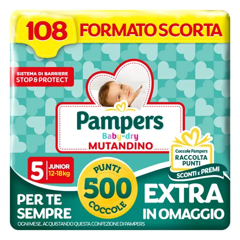 Pampers Baby Dry Mutandino Junior, Taglia 5 (12-18 kg), Formato Scorta, Barriera Stop&Protect, Anti-Fuoriuscite, Fascia Elastica, Asciutto 12h, Cambio Facile, 108 Pannolini Bambino + 500 Punti Omaggio