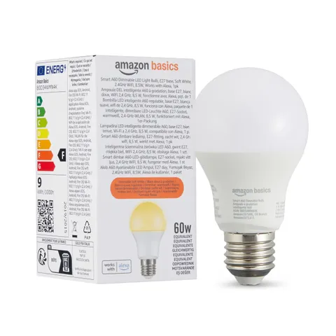 Amazon Basics Lampadina LED intelligente, dimmerabile, attacco E27, bianco caldo, 8W (60W