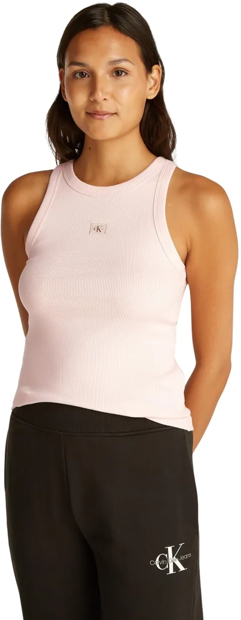 Calvin Klein Donna Canotta Woven Label Rib Slim Fit, Rosa (Silver Peony), XXS