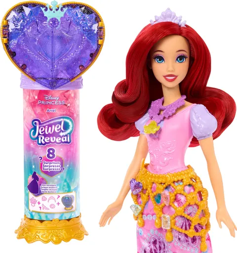 Mattel Disney Princess - Ariel Jewel Reveal, bambola ispirata al film con 9 accessori a