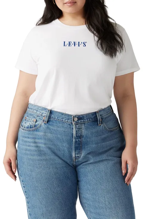 Levi's PL Perfect Tee PL Serif EMB Bright White, T-Shirt, Donna, XL Plus
