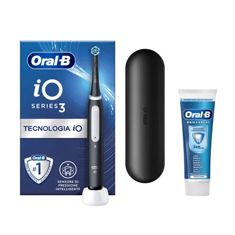 Oral-B iO 3 Spazzolino Elettrico, Nero, Testina, Custodia, Dentifricio