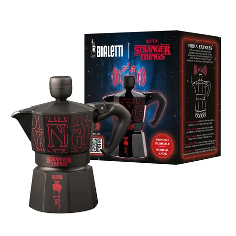 Bialetti Moka Express Stranger Things 3 Tazze, Pomolo Musicale con ricarica USB C, Non