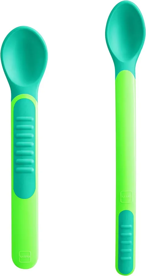MAM Heat Sensitive Spoons & Cover, Posate Svezzamento, Cambiano Colore con il Calore, con Custodia Portaposate, Neutro